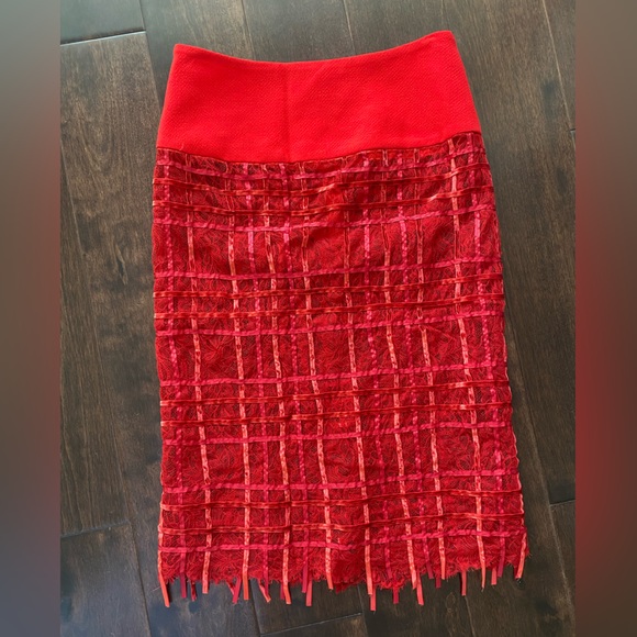 Fire Engine Red Silk Crepe & Red Lace Pencil Skirt